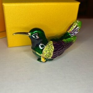 Hummingbird - Dark Green - Enamel & Crystal Trinket Keeper Box Tchotchke Figure